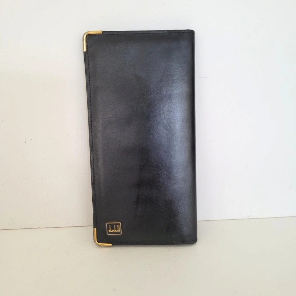 Dunhill London Mens Black Leather Long Bifold Wallet Gold Hardware Made England